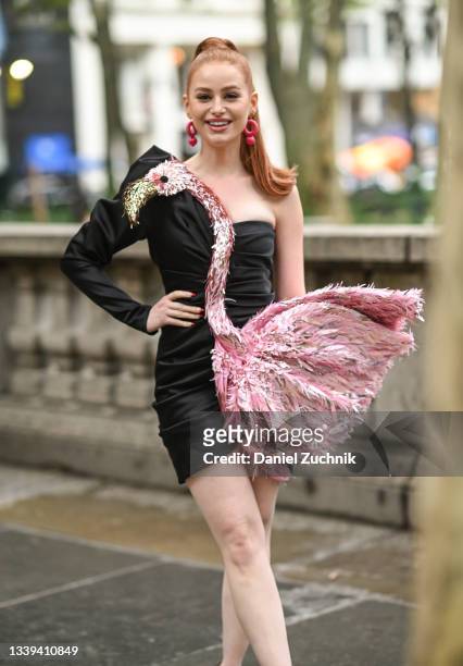 Madelaine Petsch is seen wearing a Moschino outfit outside the Moschino show during New York Fashion Week S/S 22 on September 09, 2021 in New York...