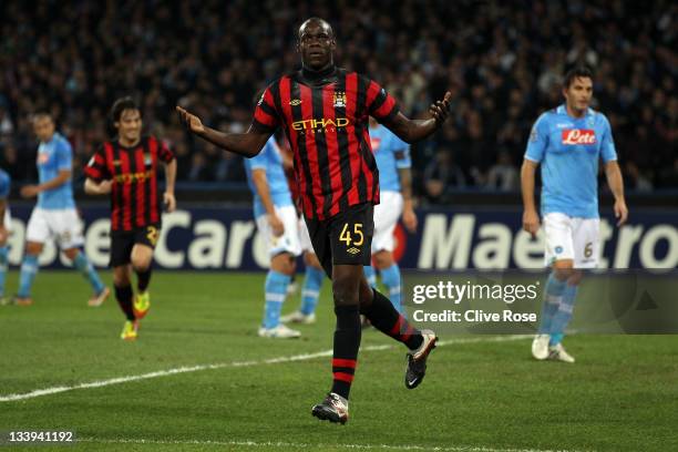 Mario Balotelli of Manchester City celebrates after scoring during the Uefa Champions League Group A match between Napoli and Manchester City at...