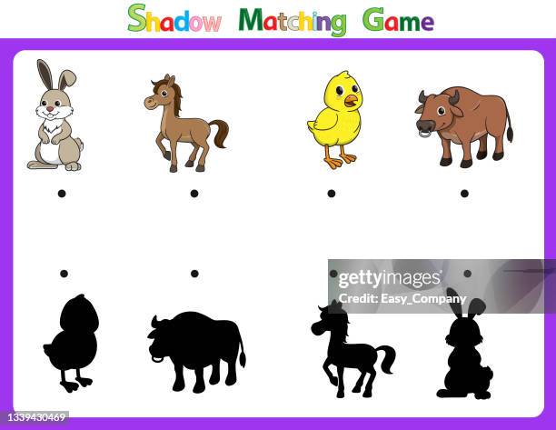 vector illustration for learning shadow of different shapes. for children witch 4 cartoon image rabbit, horse, chick, bull. - toy farm animals stock illustrations