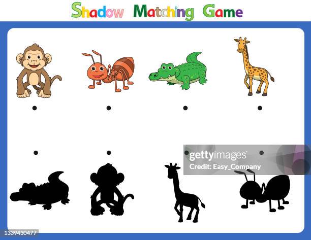 vector illustration for learning shadow of different shapes. for children witch 4 cartoon images monkey, ant, crocodile, giraffe - insect head white background stock illustrations