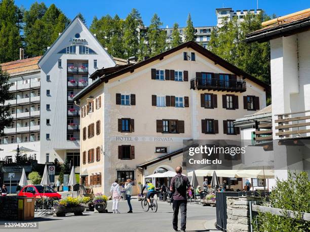 sils-maria, switzerland, upper engadine alps, village square - engadin stockfoto's en -beelden