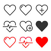 Heart icons set. Heartbeat, nubes, pulse, heart beat, cardiogram, medicine, health sumbol collection. Love passion concep line style icon - stock vector.