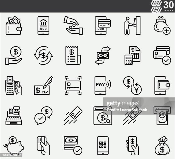 money payment ,credit card , mobile payment line icons - receiving paycheck stock illustrations