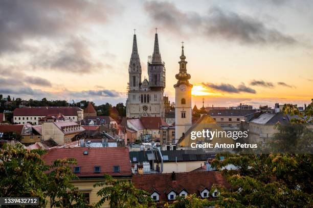 sunset view of the cathedral in zagreb. croatia - zagreb night stock pictures, royalty-free photos & images