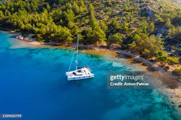 aerial view of a catamaran yacht in the blue sea. yachting, luxury vacation at sea. yachting in the caribbean - isla martinica fotografías e imágenes de stock