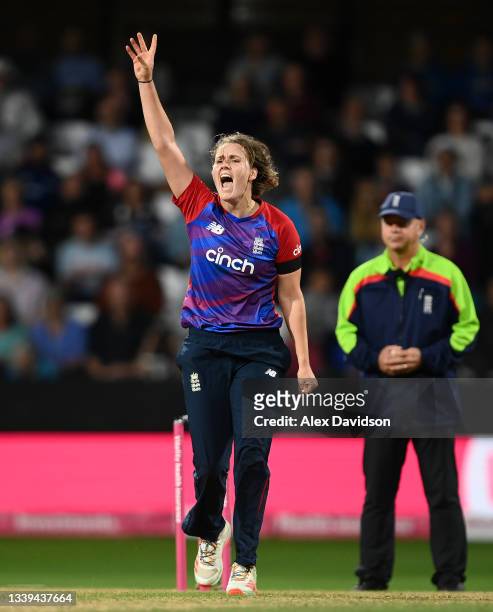 Nat Sciver of England celebrates taking the wicket of Maddy Green of New Zealand during the 3rd International T20 match between England and New...