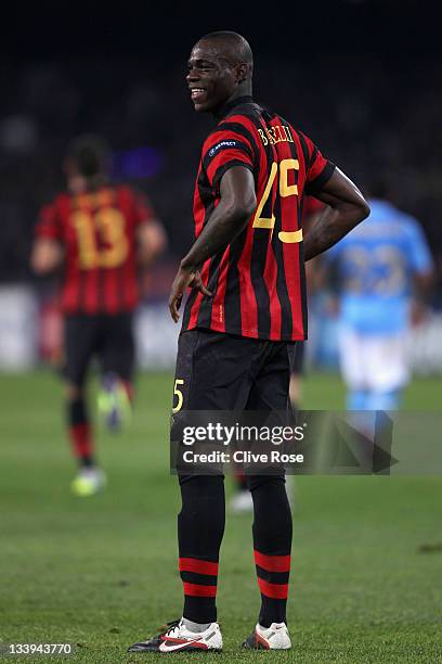 Mario Balotelli of Manchester City celebrates after scoring during the Uefa Champions League Group A match between Napoli and Manchester City at...