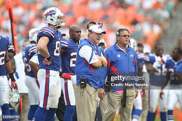 Head Coach Chan Gailey of the Buffulo Bills watches his team against the Miami Dolphins at Sun Life Stadium on November 20, 2011 in Miami Gardens,...