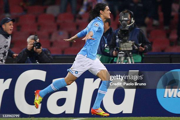 Edinson Cavani of SSC Napoli celebrates after scoring the second goal during the UEFA Champions League Group A match between SSC Napoli and...