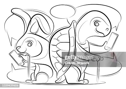 Senior Rabbit Chatting With Tortoise Via Smartphone Lines Drawing High ...