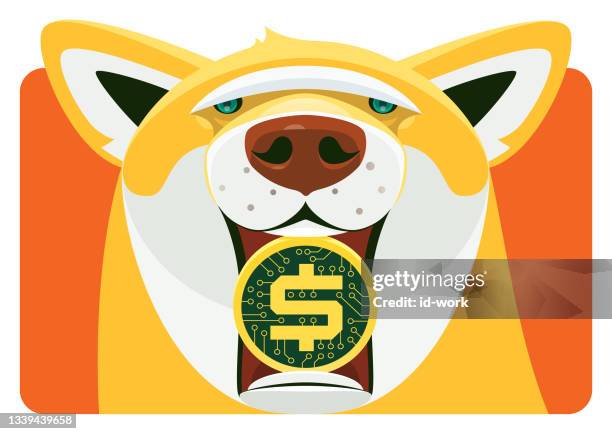 illustrations, cliparts, dessins animés et icônes de chien tenant une pièce électronique - dogecoin