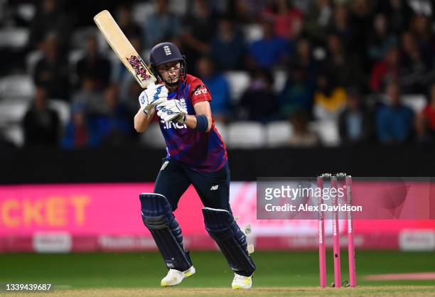 Heather Knight of England hits runs during the 3rd International T20 match between England and New Zealand at The Cooper Associates County Ground on...