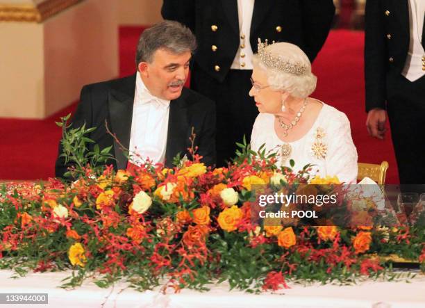 Queen Elizabeth II and President of Turkey Abdullah Gul attend a state banquet at Buckingham Palace, London, on the first day of his State Visit to...