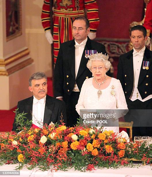 Queen Elizabeth II and President of Turkey Abdullah Gul attend a State Banquet at Buckingham Palace, London, on the first day of his State Visit to...