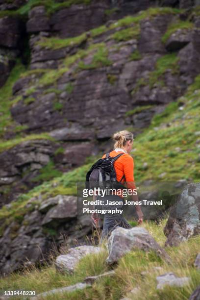 a woman hikes uphill on carrauntoohil mountain in kerry - irish woman stock-fotos und bilder