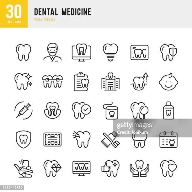 ilustraciones, imágenes clip art, dibujos animados e iconos de stock de medicina dental - conjunto de iconos vectoriales de línea delgada. píxel perfecto. el conjunto contiene iconos: salud dental, dentista, aparatos dentales, implante dental, pasta de dientes, silla del dentista, consultorio del dentista. - instrumento-de-dentista