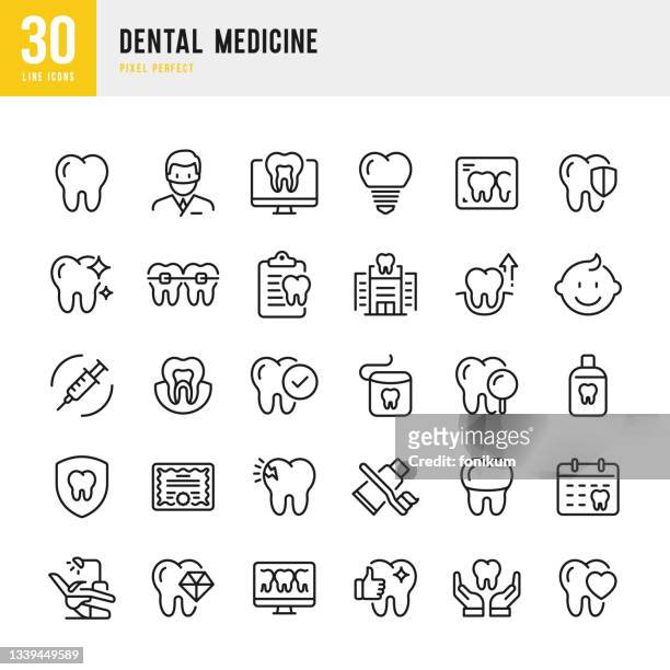 歯科医学 - 細線ベクトルアイコンセット。ピクセルパーフェクト。セットはアイコンが含まれています:歯科保健、歯科医、歯科用装具、歯科インプラント、歯磨き粉、歯科医の椅子、歯科医 - 歯科用機器点のイラスト素材／クリップアート素材／マンガ素材／アイコン素材