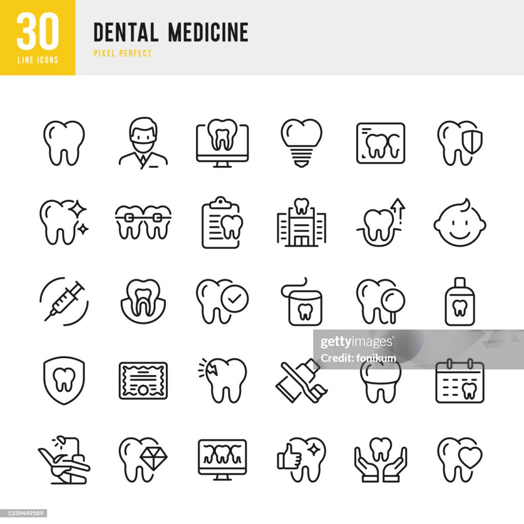 Dental Medicine - thin line vector icon set. Pixel perfect. The set contains icons: Dental Health, Dentist, Dental Braces, Dental Implant, Toothpaste, Dentist's Chair, Dentist's Office.