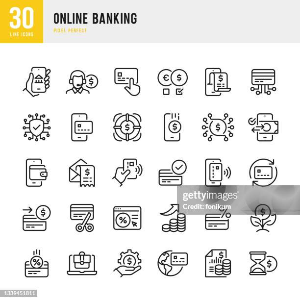 stockillustraties, clipart, cartoons en iconen met online banking - thin line vector icon set. pixel perfect. the set contains icons: mobile banking, online business, contactless payment, investment, interest rate, wealth growth. - tikken en betalen