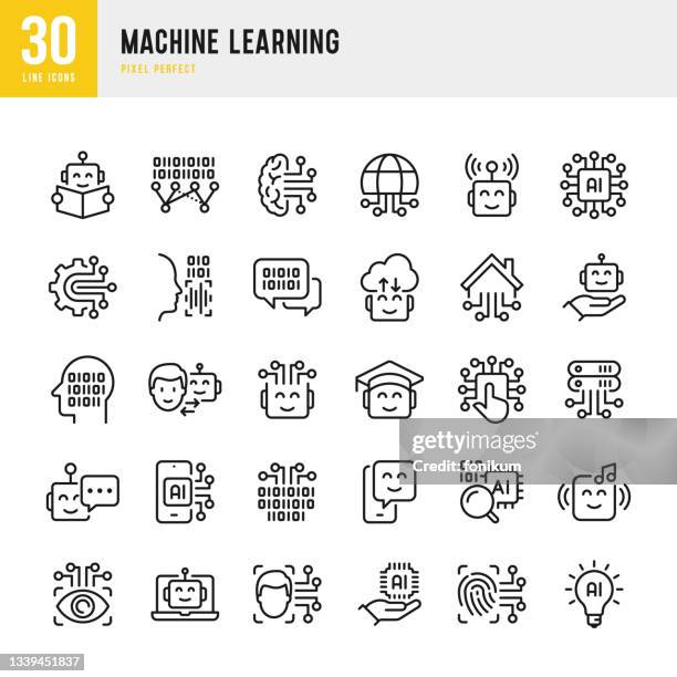 ilustraciones, imágenes clip art, dibujos animados e iconos de stock de aprendizaje automático: conjunto de iconos vectoriales de línea delgada. píxel perfecto. el conjunto contiene iconos: machine learning, inteligencia artificial, robot, asistente digital, smart home. - sistema de reconocimiento facial