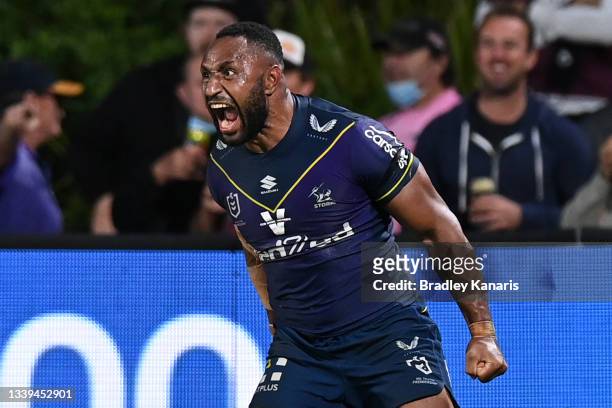 Justin Olam of the Storm celebrates after scoring a try during the NRL Qualifying Final between the Melbourne Storm and the Manly Warringah Sea...