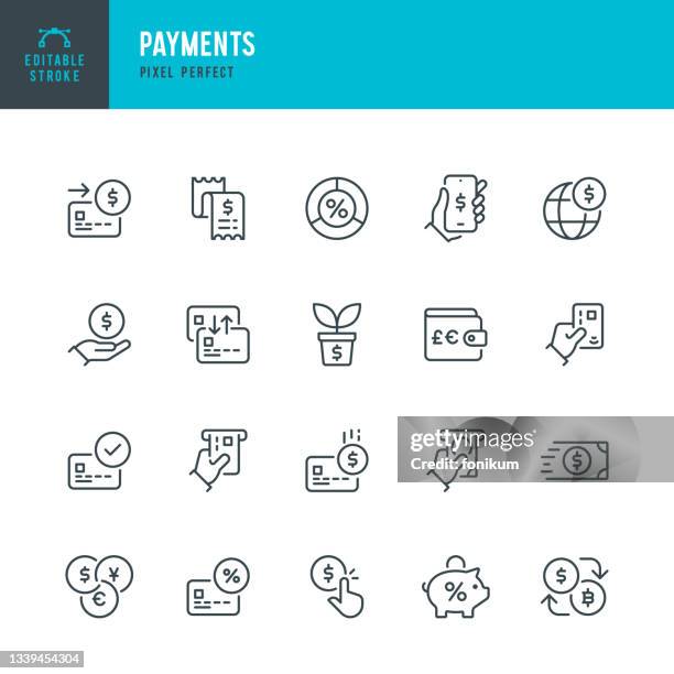 stockillustraties, clipart, cartoons en iconen met payments - thin line vector icon set. pixel perfect. editable stroke. the set contains icons: credit card purchase, making money, sending money, receiving payment, investment, cash back. - accounting icons