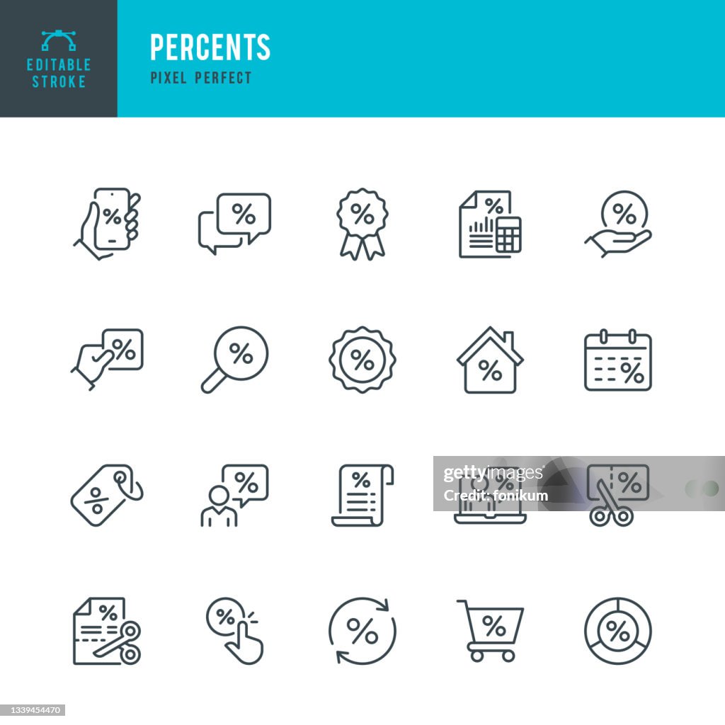 PERCENTS - thin line vector icon set. Pixel perfect. Editable stroke. The set contains icons: Discount Shopping, Coupon, Searching Discounts, Tax Refund, Accountancy, Mortgage, Loan.