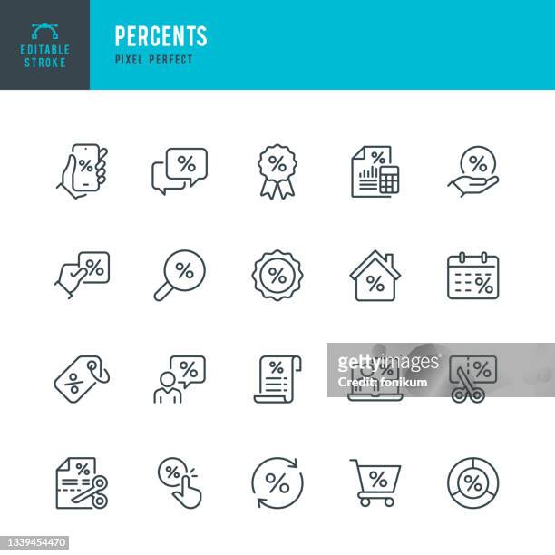 percents - thin line vector icon set. pixel perfect. editable stroke. the set contains icons: discount shopping, coupon, searching discounts, tax refund, accountancy, mortgage, loan. - financiën stock illustrations
