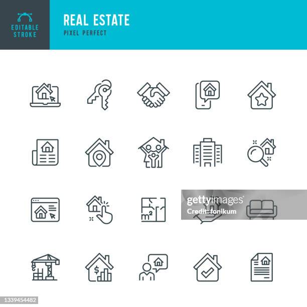 stockillustraties, clipart, cartoons en iconen met real estate - thin line vector icon set. pixel perfect. editable stroke. the set contains icons: apartment, residential building, real estate developer, real estate agent, real estate investment, lease agreement. - financial district