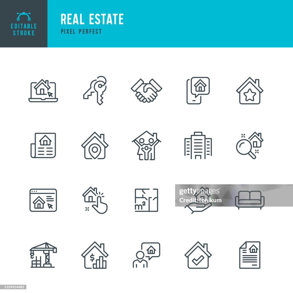 IMÓVEIS - conjunto de ícones vetoriais de linha fina. Pixel perfeito. Golpe editável. O conjunto contém ícones: Apartamento, Edifício Residencial, Incorporador Imobiliário, Agente Imobiliário, Investimento Imobiliário, Contrato de Locação.