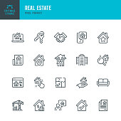 REAL ESTATE - thin line vector icon set. Pixel perfect. Editable stroke. The set contains icons: Apartment, Residential Building, Real Estate Developer, Real Estate Agent, Real Estate investment, Lease Agreement.