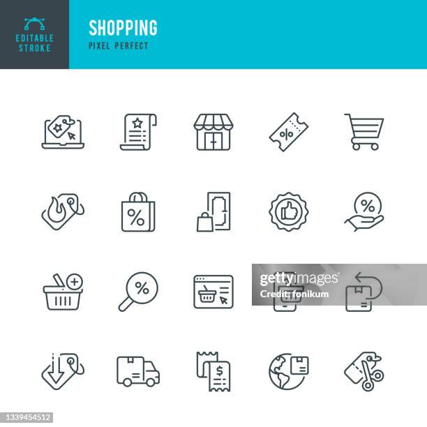 shopping - dünne linie vektor icon set. pixel perfekt. bearbeitbarer kontur. das set enthält symbole: online shopping, black friday, rabatte, bestpreis, home shopping, home delivery, store, suchrabatte, delivery van. - ausverkauf stock-grafiken, -clipart, -cartoons und -symbole