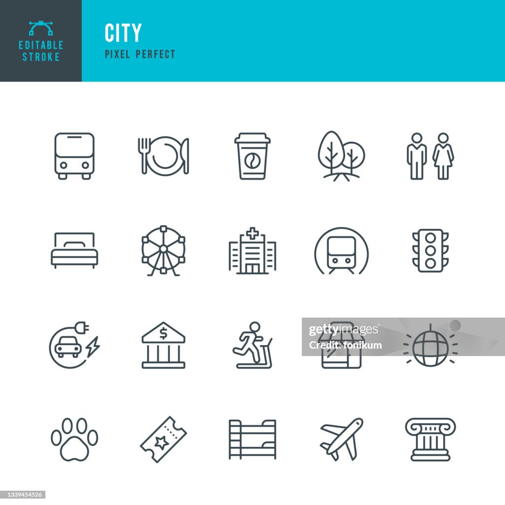 CITY - Dünne Linie Vektor Icon Set. Pixel perfekt. Bearbeitbarer Kontur. Das Set enthält Symbole: Öffentlicher Park, Attraktionen, Restaurant, Bank, Krankenhaus, Geschäft, Öffentliche Verkehrsmittel, Flughafen, Hotel, Hostel, Fitnessraum, Aufladen von
