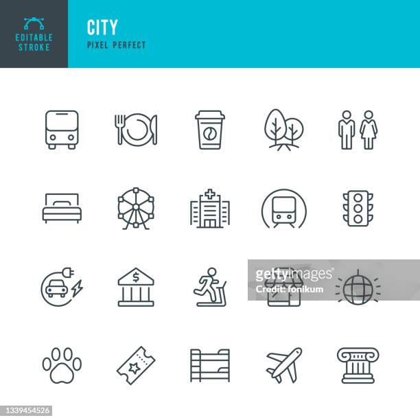 city - thin line vector icon set. pixel perfect. editable stroke. the set contains icons: public park, attractions, restaurant, bank, hospital, store, public transportation, airport, hotel, hostel, gym, electric vehicle charging, zoo. - city 幅插畫檔、美工圖案、卡通及圖標