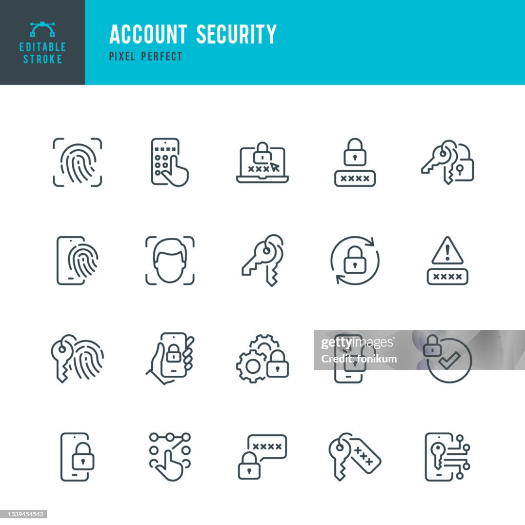 Sicurezza dell'account - set di icone vettoriali a linea sottile. Pixel perfetto. Tratto modificabile. Il set contiene icone: Autenticazione digitale, Verifica, Protezione della privacy, Identificazione facciale, Scanner di impronte digitali, Tecnologia di