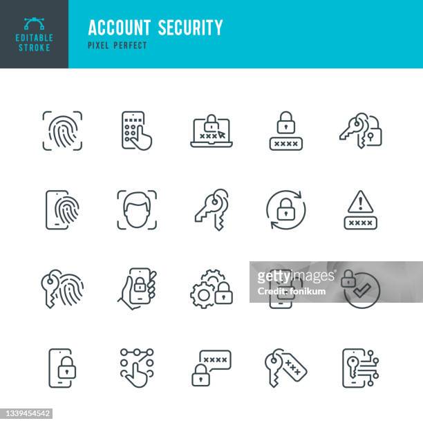 account security - thin line vector icon set. pixel perfect. editable stroke. the set contains icons: digital authentication, verification, privacy protection, face identification, fingerprint scanner, security technology. - access icon stock illustrations
