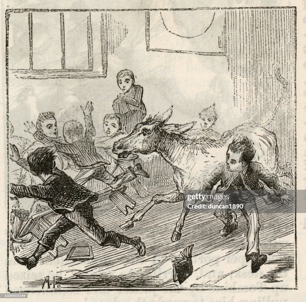 Vintage illustration of Donkey let loose in a school classroom, Victorian