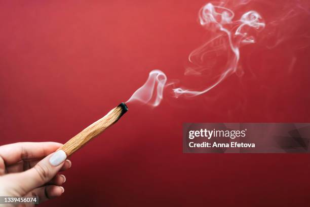 woman is holding in a hand smoldering palo santo stick with smoke on red background. process of room fumigation ritual. copy space for your design. front view - wierook gefabriceerd object stockfoto's en -beelden