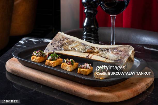 fine dining food, bone marrow - bone marrow stock pictures, royalty-free photos & images