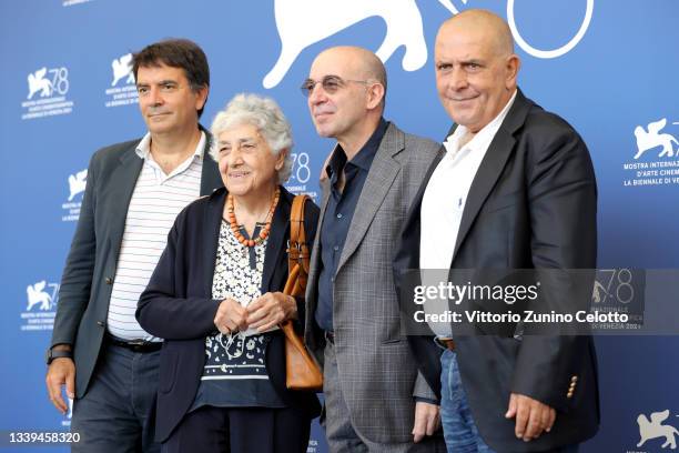 Giovanni Morricone, Maria Travia, Giuseppe Tornatore and Marco Morricone attend the photocall of "Ennio " during the 78th Venice International Film...