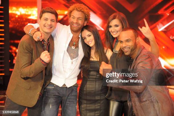 Candidates David Pfeffer, Rufus Martin. Raffaela Wais and Nica & Joe during the winners photocall at the 'The X Factor Live' TV-Show on November 22,...