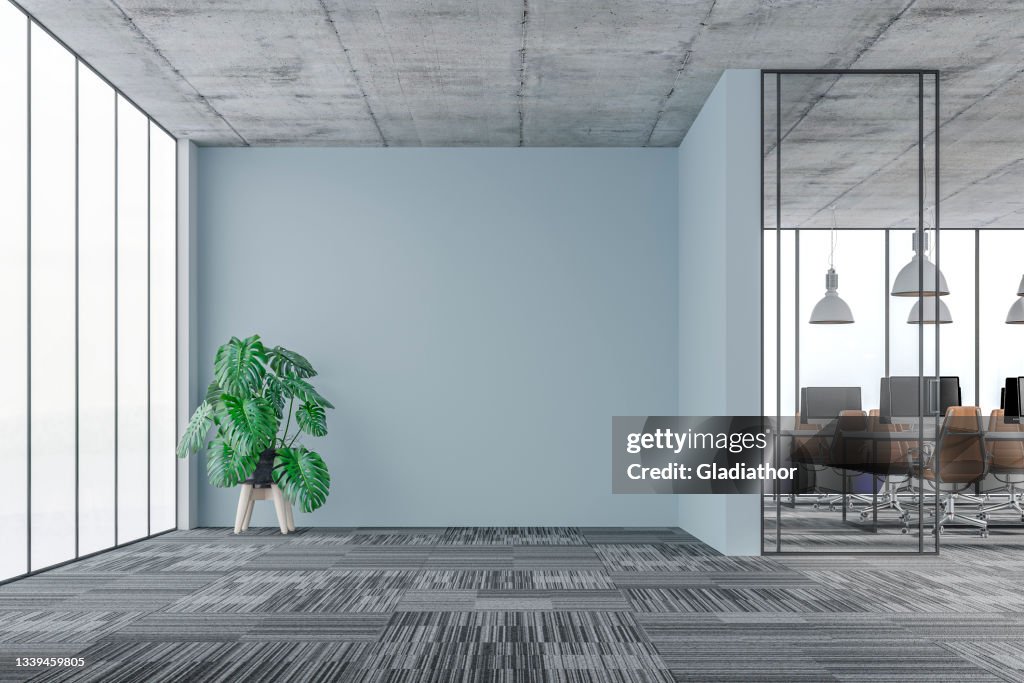 Large office interior: a lounge corner with a potted plant, copy space and wordesks behind glass door