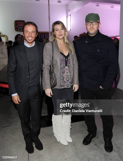Nicolo Cardi, Barbara Berlusconi and Flavio Favelli attends the 'Nicolo Cardi Presents Flavio Favelli Solo Show' At The Cardi Black Box Gallery on...