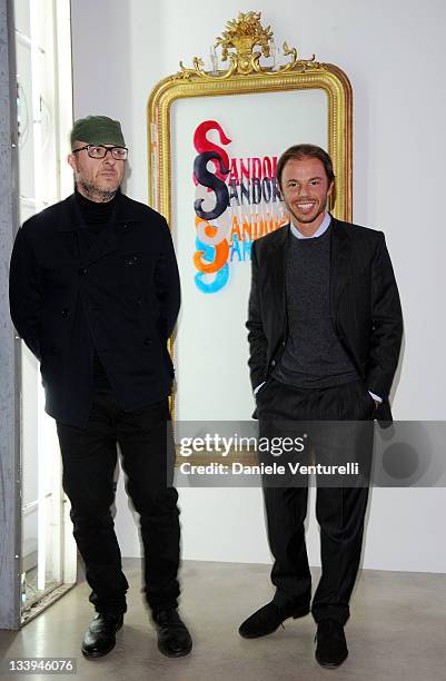 Artist Flavio Favelli and Nicolo Cardi attend the 'Nicolo Cardi Presents Flavio Favelli Solo Show' At The Cardi Black Box Gallery on November 22,...