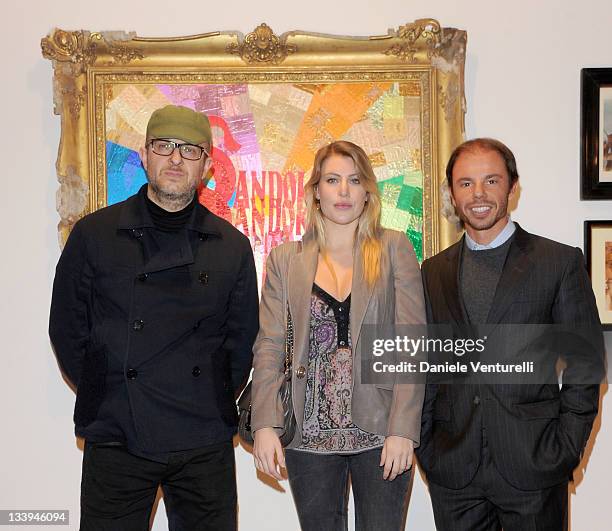 Flavio Favelli, Barvara Berlusconi and Nicolo Cardi attends the 'Nicolo Cardi Presents Flavio Favelli Solo Show' At The Cardi Black Box Gallery on...