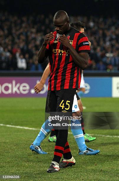 Mario Balotelli of Manchester City reacts during the Uefa Champions League Group A match between Napoli and Manchester City at Stadio San Paolo on...