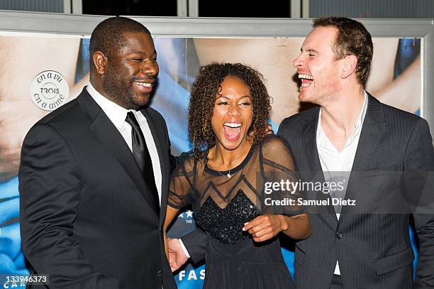 Steve McQueen, Nicole Beharie and Michael Fassbender attend photocall for "Shame" Paris premiere at Mk2 Bibliotheque on November 22, 2011 in Paris,...