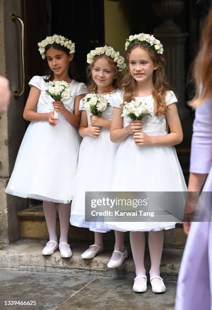 The bridesmaids arrive for Flora Alexandra Ogilvy and Timothy Vesterberg's marriage blessing at St James's Piccadilly on September 10, 2021 in...