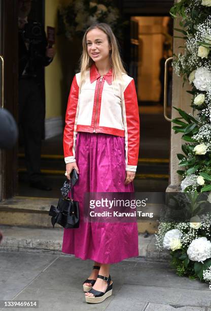 Lady Amelia Windsor attends Flora Alexandra Ogilvy and Timothy Vesterberg's marriage blessing at St James's Piccadilly on September 10, 2021 in...