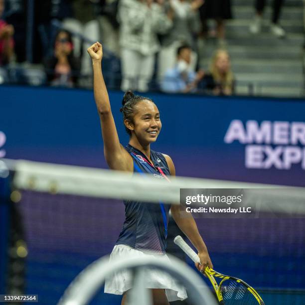 Leylah Fernandez reacts after defeating Aryna Sabalenka, in three sets during their semifinals match at the USTA Billie Jean King Tennis Center in...